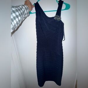 Xscape One Shoulder Black Dress with Embellishment